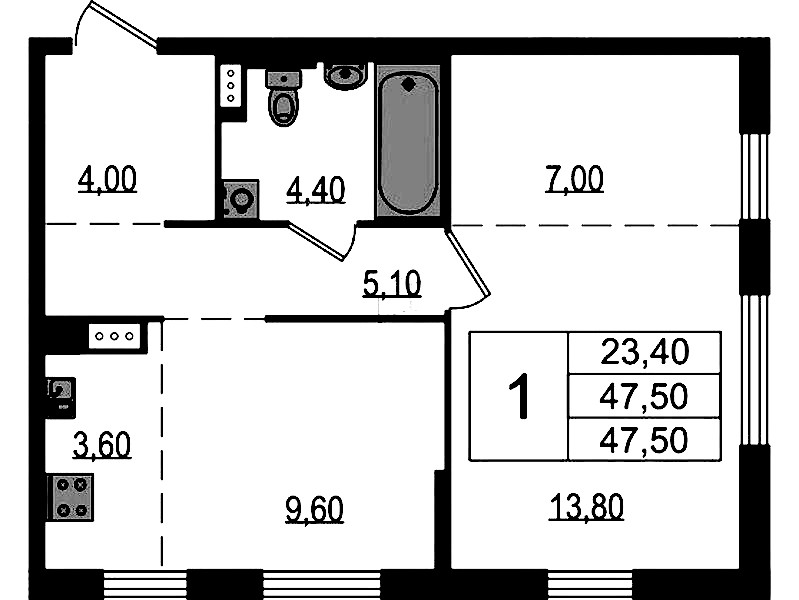 1-комнатная квартира 47.5 м², 1/10 эт., ЖК «Курортный квартал»